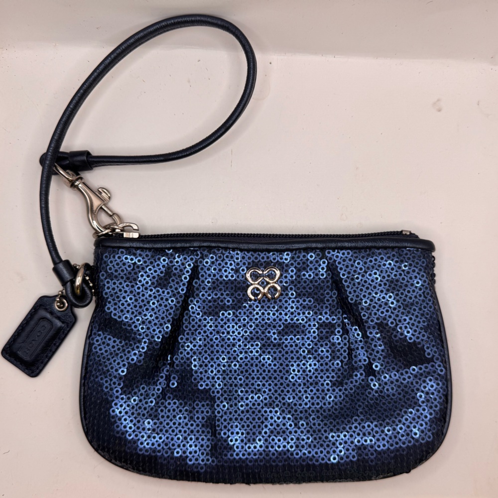 Coach Navy Sequin Wristlet Clutch with Leather Trim